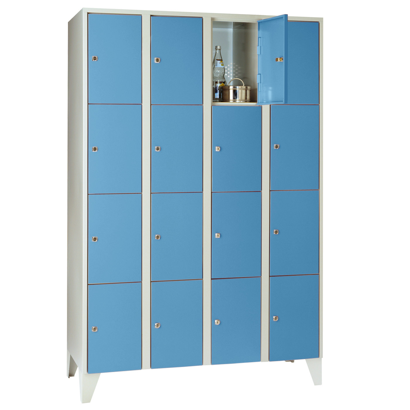 Wolf Fächerschrank Serie 72, Füße, Abteilbreite 300 mm, 4 Abteile à 4 Fächer Lichtblau RAL 5012