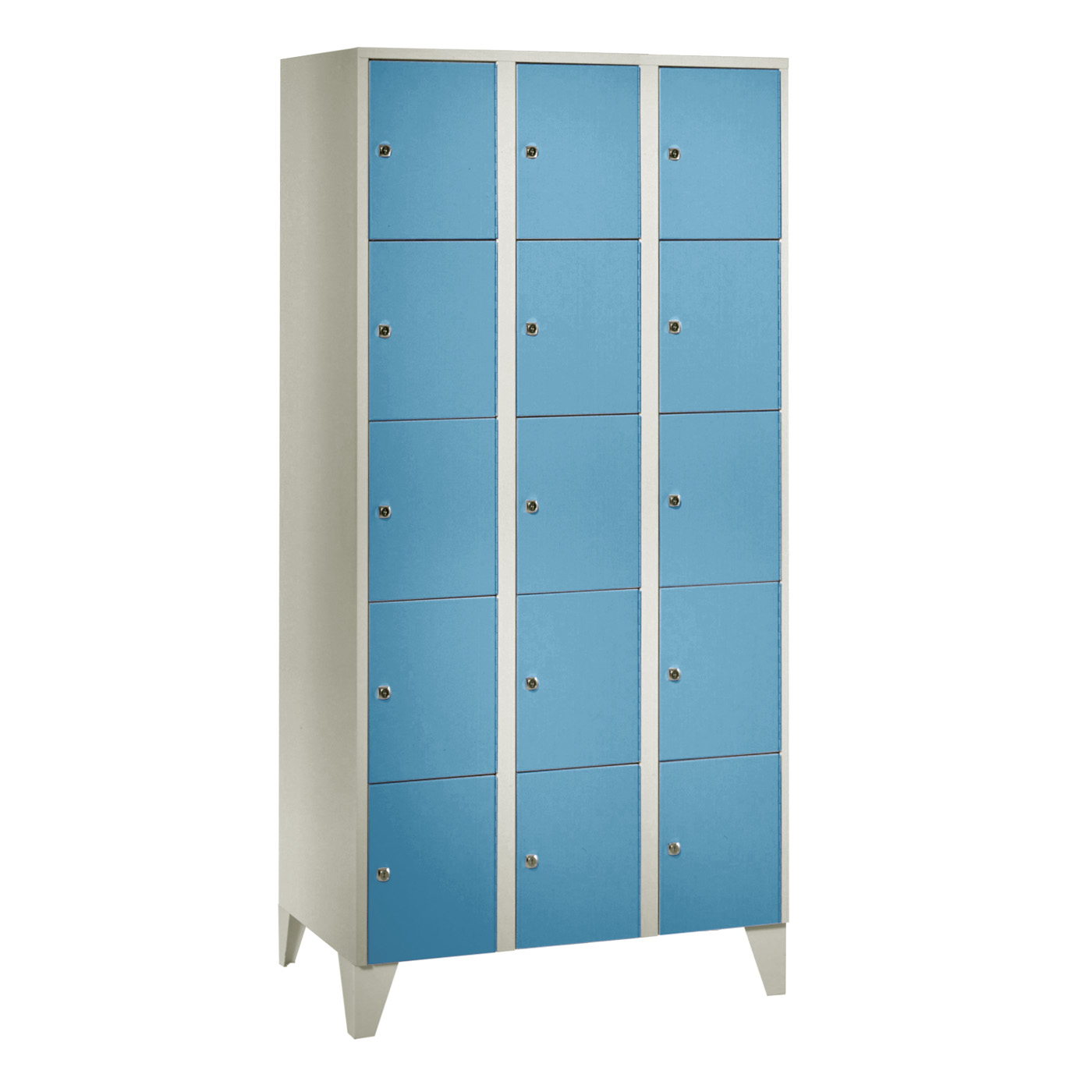 Wolf Fächerschrank Serie 72, Füße, Abteilbreite 300 mm, 3 Abteile à 5 Fächer Lichtblau RAL 5012