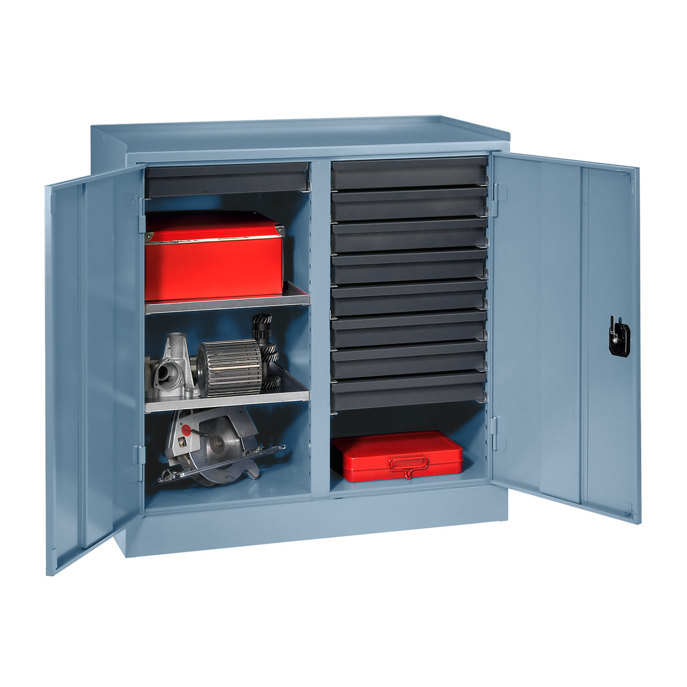 Wolf Werkzeugschrank Serie 51 Sockel Breite 1000 mm 2 Abteile 9 Schubladen 2 Fachböden Brillantblau RAL 5007