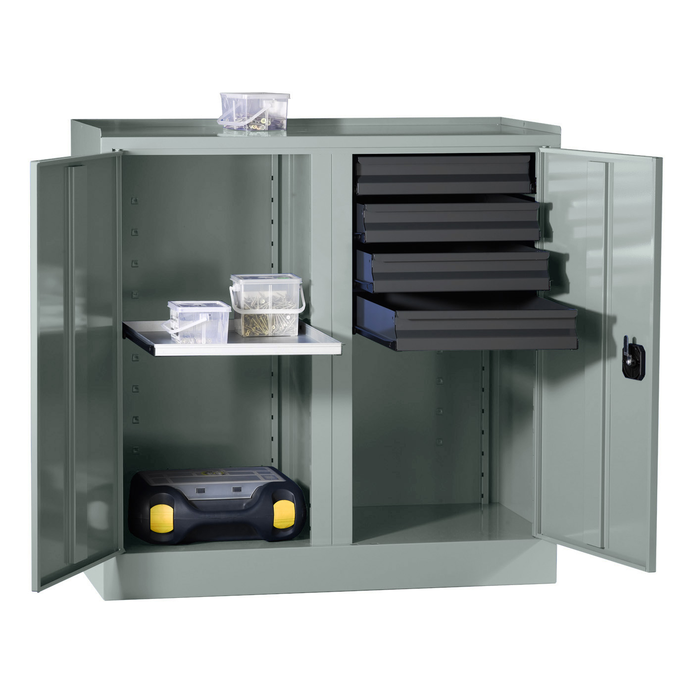 Wolf Werkzeugschrank Serie 51 Sockel Breite 1000 mm 2 Abteile 4 Schubladen 1 Fachboden Blaugrau RAL 7031
