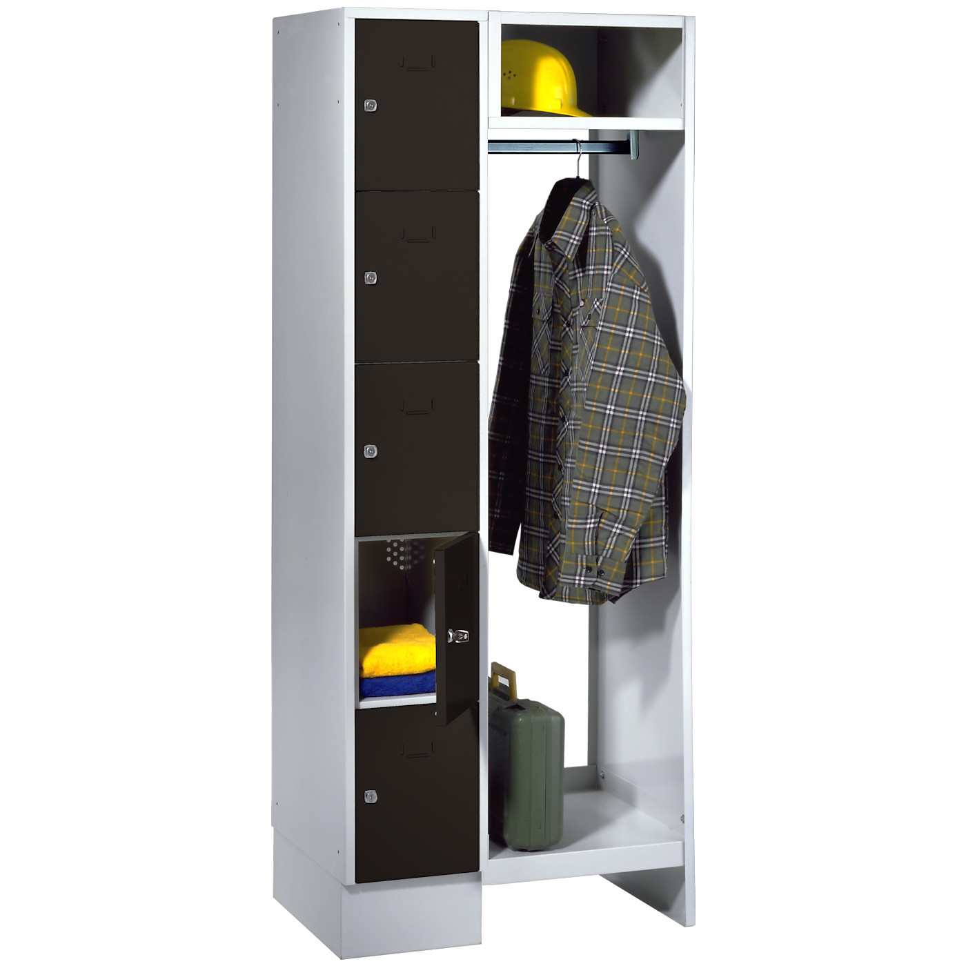 Wolf Schließfachgarderoben-System Serie 78 1 Abteil Breite 300 mm, 5 Fächer, offene Garderobe Tiefschwarz RAL 9005