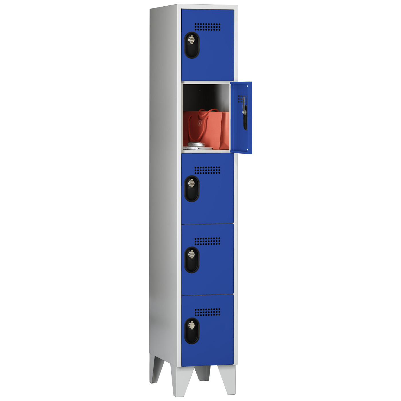 Wolf Fächerschrank Serie 90, Füße, Abteilbreite 300 mm, 1 Abteil à 5 Fächer Enzianblau RAL 5010