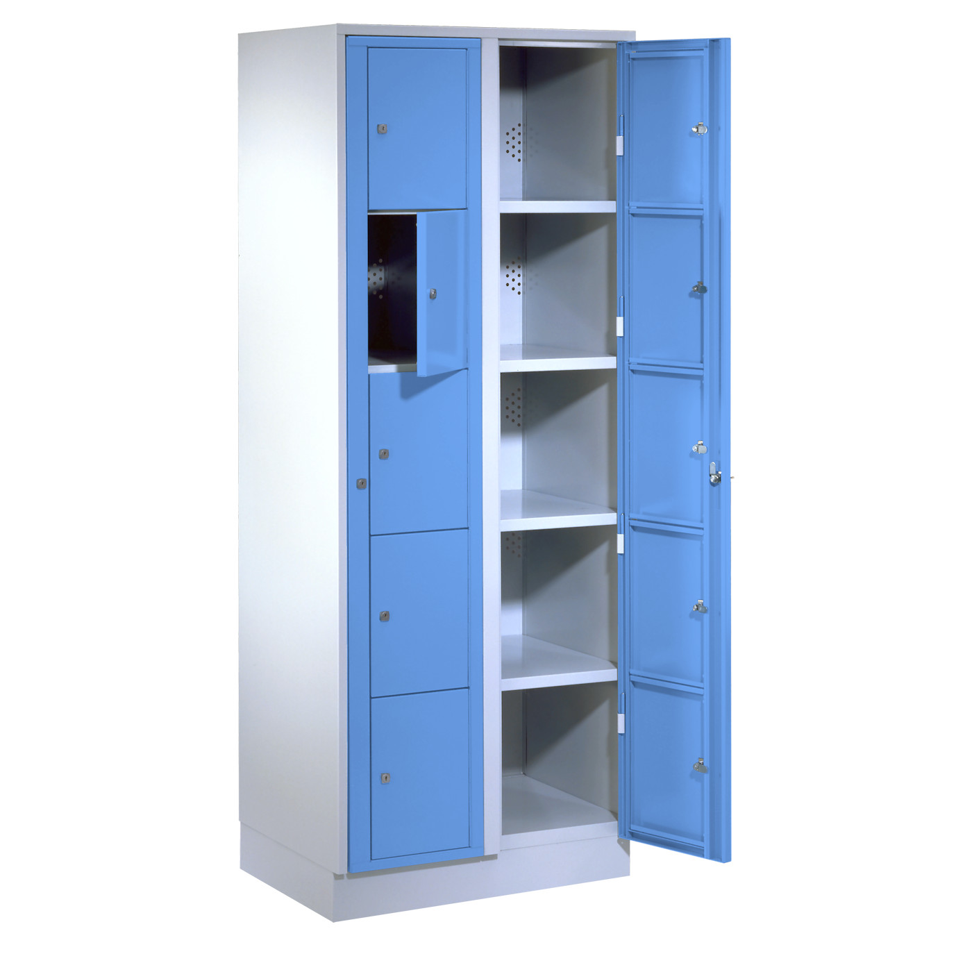 Wolf Wäscheverteilerschrank Serie 71 ZW, Sockel, Abteilbreite 350 mm, 2 Abteile à 5 Fächer Lichtblau RAL 5012