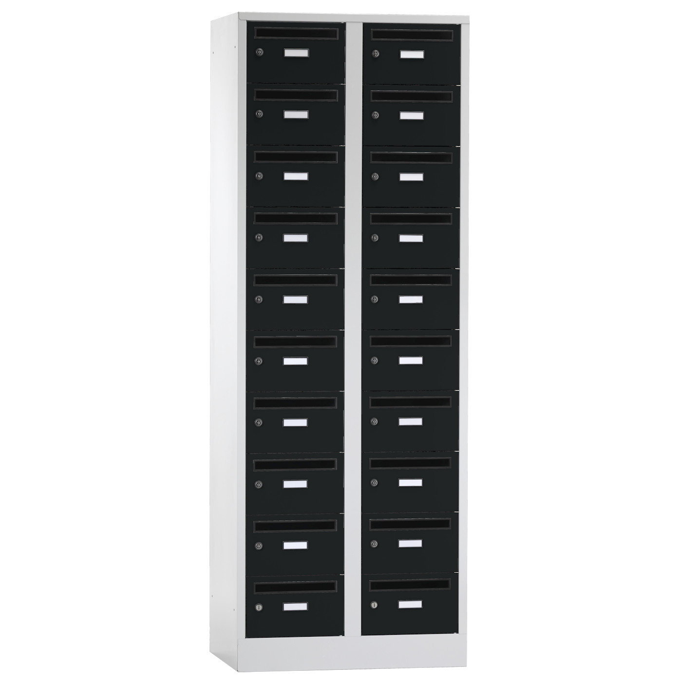 Wolf Postverteilerschrank Serie 42 PV, Sockel, Abteilbreite 350 mm, 2 Abteile à 10 Fächer Tiefschwarz RAL 9005