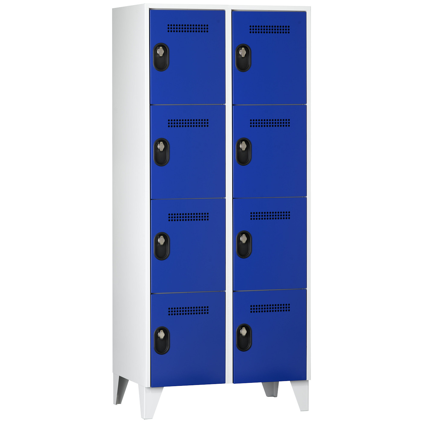 Wolf Fächerschrank Serie 90, Füße, Abteilbreite 400 mm, 2 Abteile à 4 Fächer Enzianblau RAL 5010
