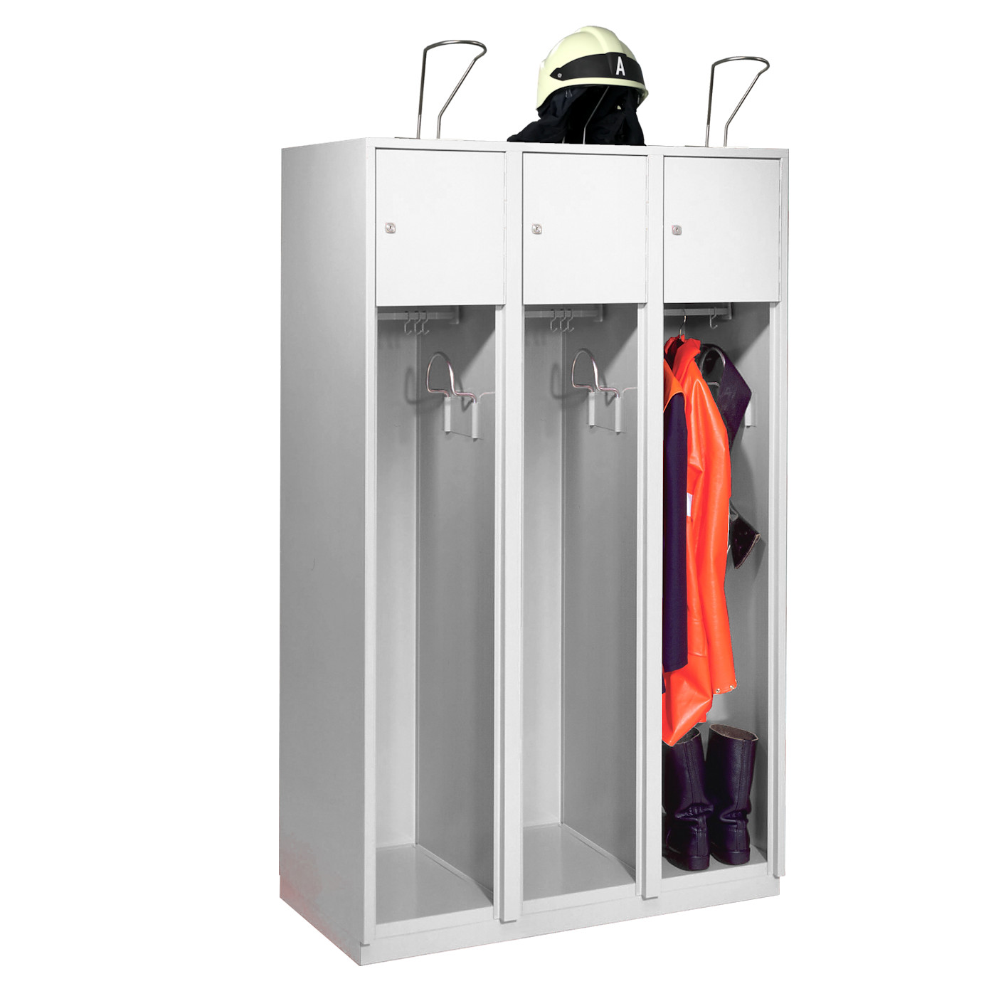 Wolf Feuerwehrschrank Serie 75 F, Sockel, Abteilbreite 400 mm, 3 Abteile Lichtgrau RAL 7035