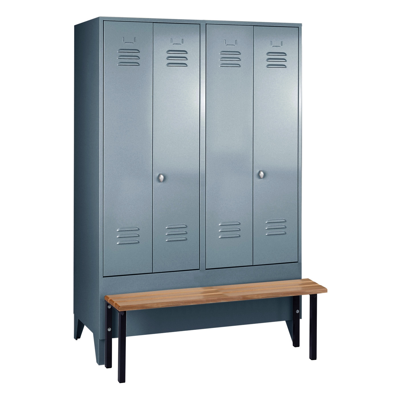 Wolf Spind Serie 75 S ASR mit Sitzbank, Füße, Abteilbreite 600 mm, 2 Abteile, Schwarz-Weiß-Trennung Blaugrau RAL 7031
