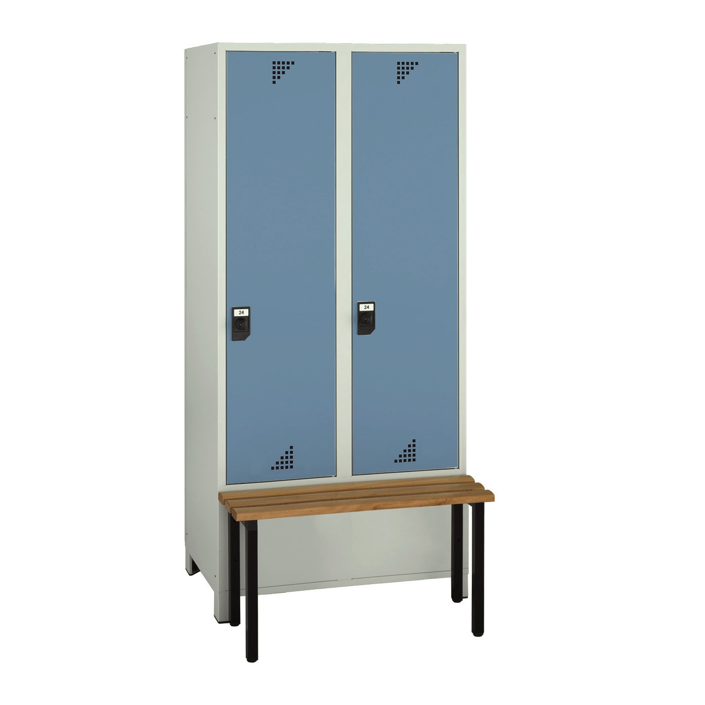Wolf Spind Serie 82 S mit vorgebauter Sitzbank, Füße, Abteilbreite 400 mm, 2 Abteile Brillantblau RAL 5007