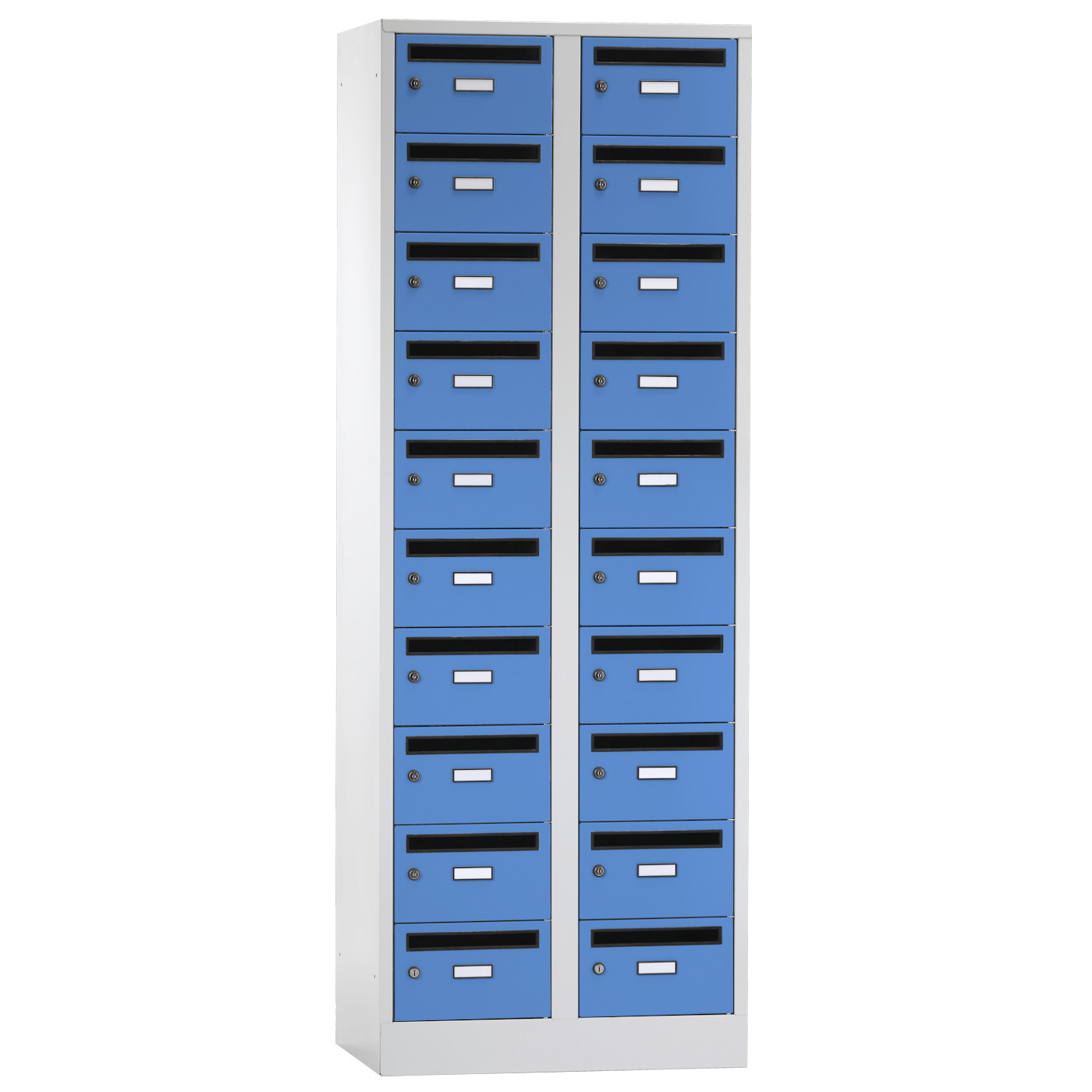 Wolf Postverteilerschrank Serie 42 PV, Sockel, Abteilbreite 350 mm, 2 Abteile à 10 Fächer Lichtblau RAL 5012