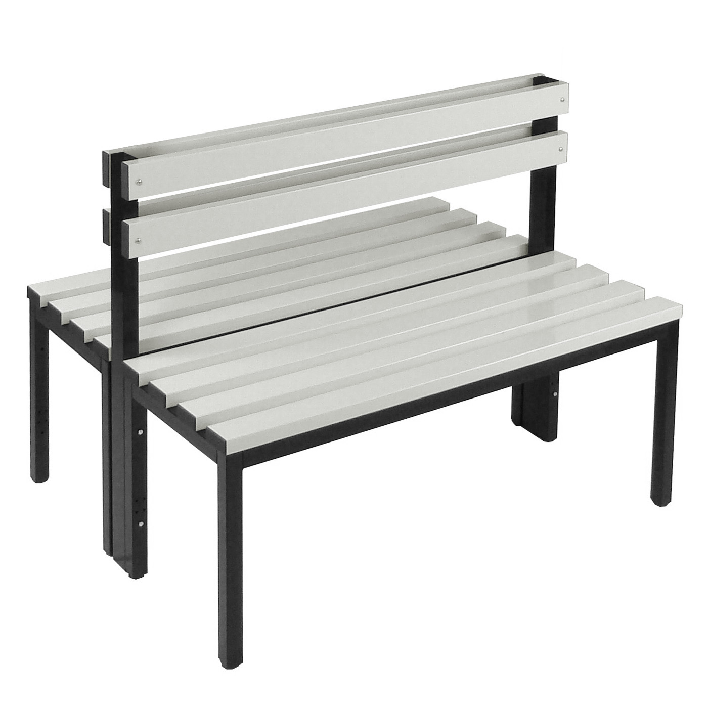 Wolf Umkleidebank Serie 105 doppelseitig Rückenlehne Sitzt. 2 x 355 mm Breite 1000 mm PVC Hellgrau