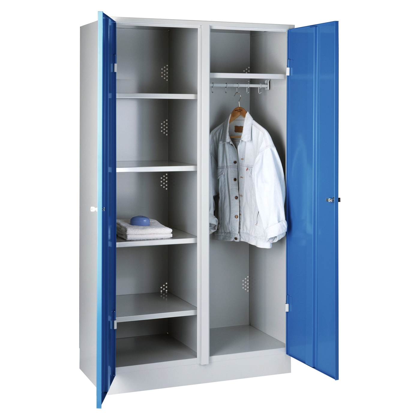 Wolf Garderoben-Wäscheschrank und Spind Serie 75 C, Sockel, Abteilbreite 500 mm, 2 Abteile Lichtblau RAL 5012