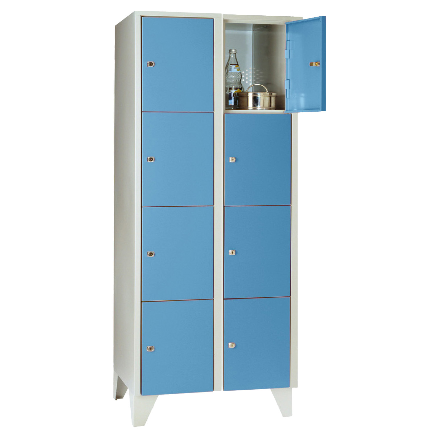 Wolf Fächerschrank Serie 72, Füße, Abteilbreite 400 mm, 2 Abteile à 4 Fächer Lichtblau RAL 5012