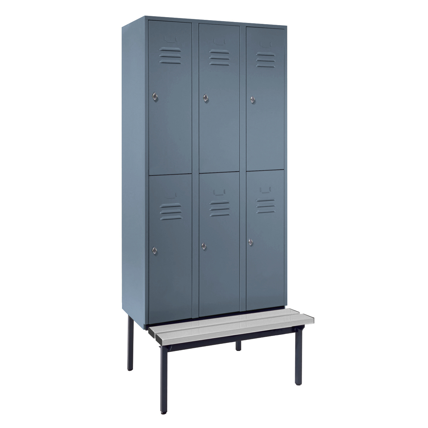 Wolf Spind Serie 74 U doppelstöckig Sitzbankuntergestell Abteilbreite 300 mm 3 Abteile 6 Fächer Blaugrau RAL 7031