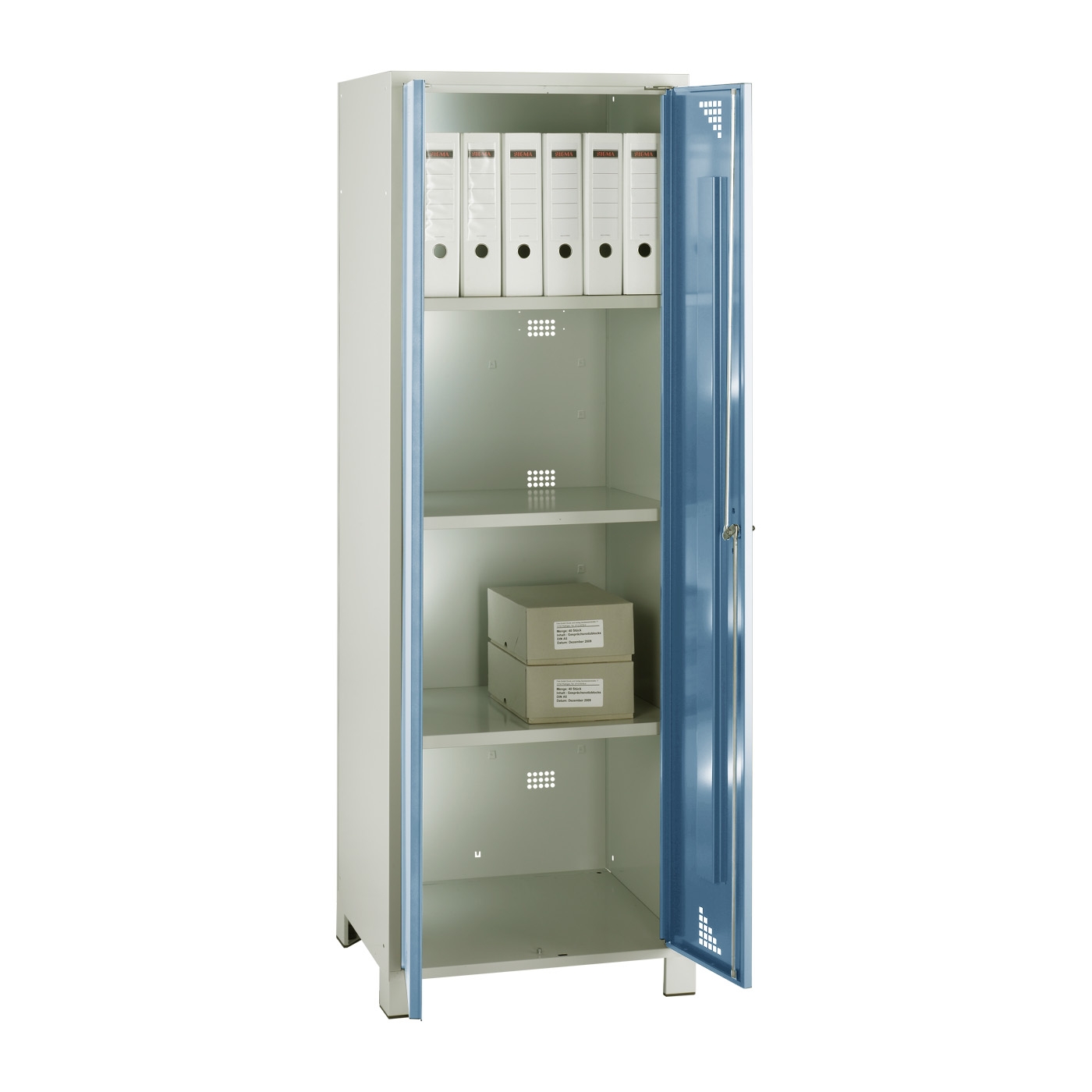 Wolf Mehrzweckspind Serie 82 M , Füße, Abteilbreite 600 mm, 1 Abteil, 3 Fachböden Brillantblau RAL 5007