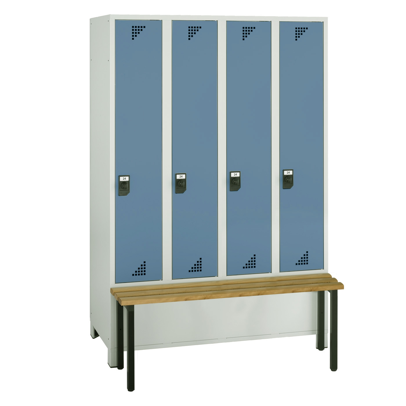 Wolf Spind Serie 82 S mit vorgebauter Sitzbank, Füße, Abteilbreite 300 mm, 4 Abteile Brillantblau RAL 5007