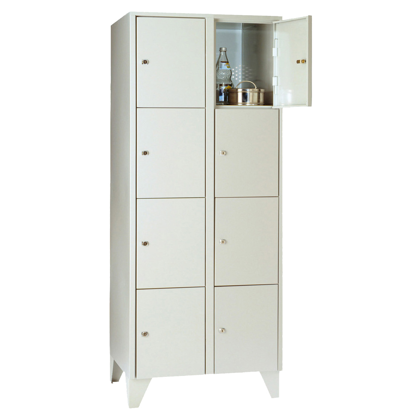 Wolf Fächerschrank Serie 72, Füße, Abteilbreite 400 mm, 2 Abteile à 4 Fächer Lichtgrau RAL 7035