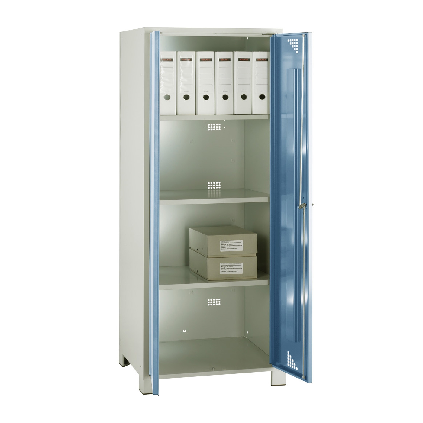 Wolf Mehrzweckspind Serie 82 M , Füße, Abteilbreite 800 mm, 1 Abteil, 3 Fachböden Brillantblau RAL 5007
