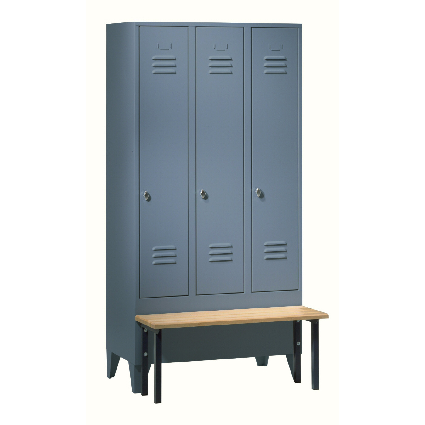 Wolf Spind Serie 75 S mit Sitzbank, Abteilbreite 300 mm, 3 Abteile Blaugrau RAL 7031
