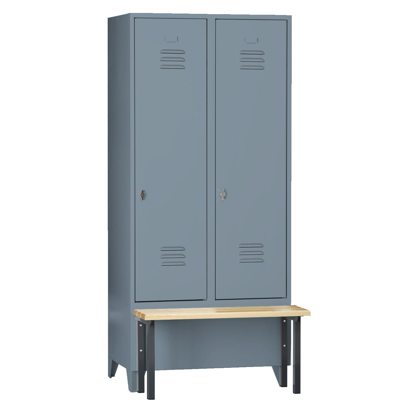 Wolf Spind Serie 75 S mit Sitzbank, Abteilbreite 400 mm, 2 Abteile Blaugrau RAL 7031