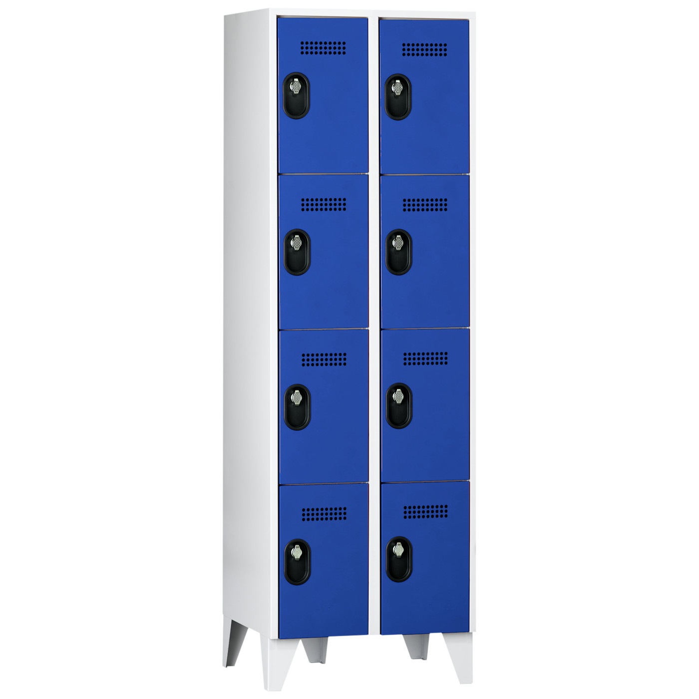 Wolf Fächerschrank Serie 90, Füße, Abteilbreite 300 mm, 2 Abteile à 4 Fächer Enzianblau RAL 5010