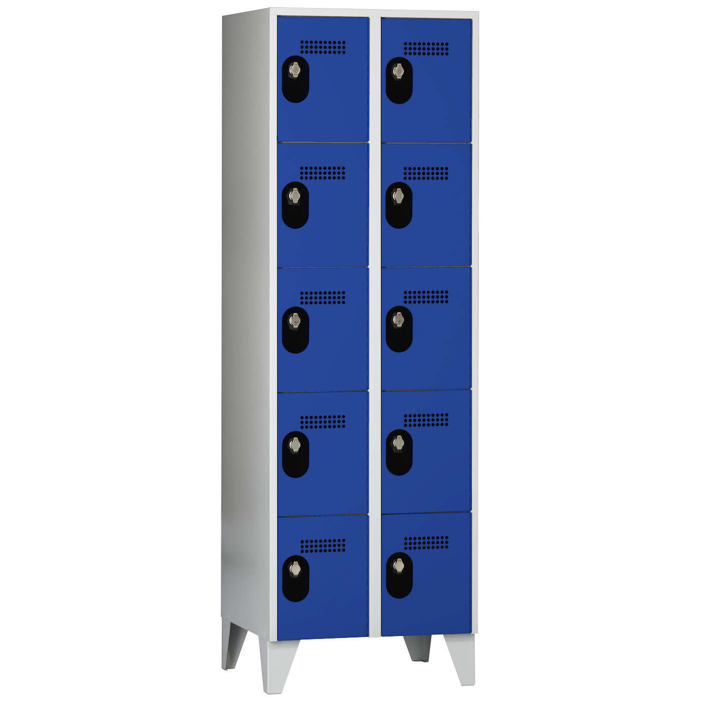 Wolf Fächerschrank Serie 90, Füße, Abteilbreite 300 mm, 2 Abteile à 5 Fächer Enzianblau RAL 5010