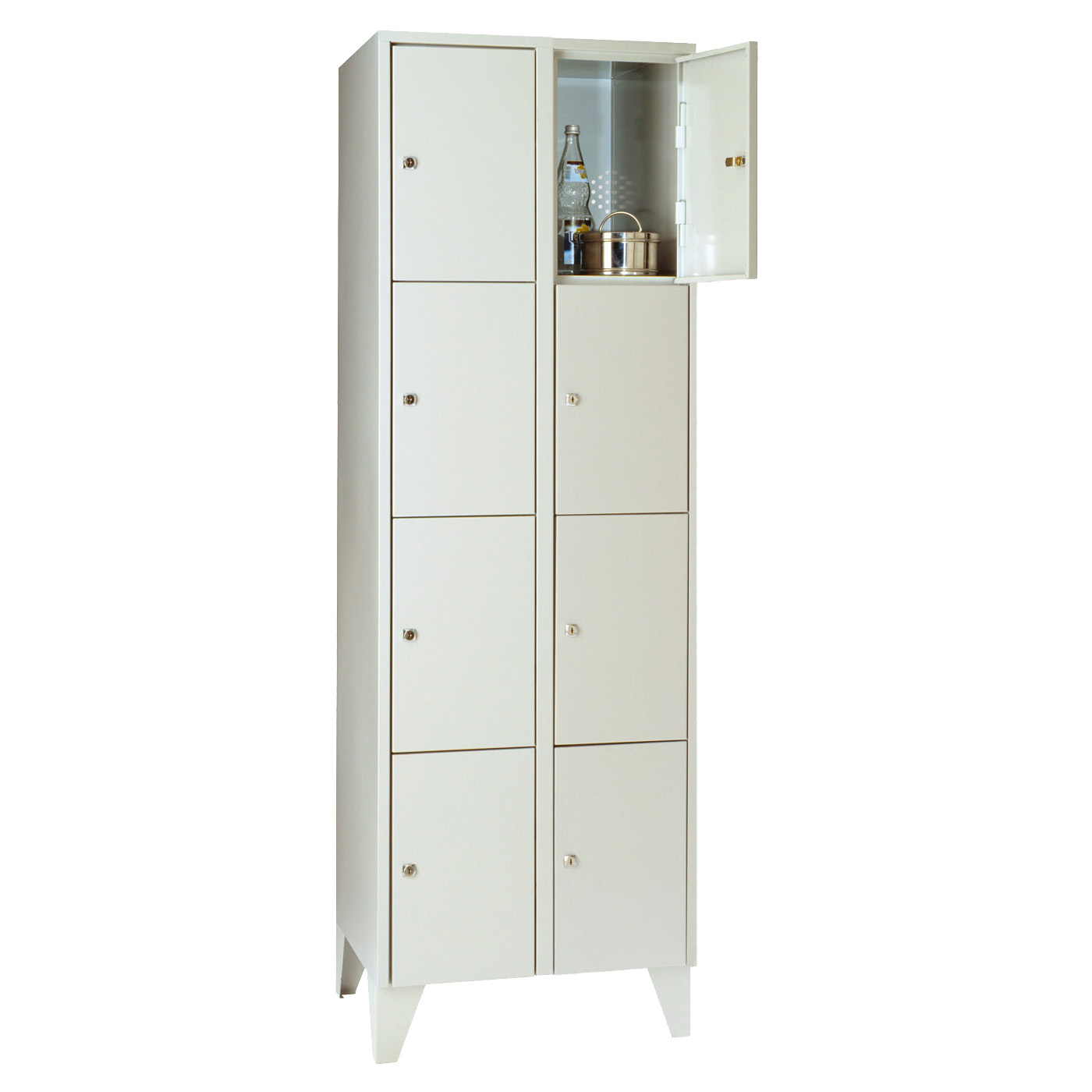 Wolf Fächerschrank Serie 72, Füße, Abteilbreite 300 mm, 2 Abteile à 4 Fächer Lichtgrau RAL 7035