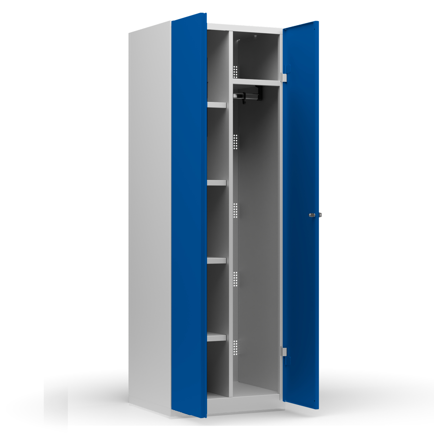 Wolf Mehrzweckspind mit Garderobe Serie 77 Sockel Flügeltüren Abteilbreite 300 mm 2 Abteile Enzianblau RAL 5010
