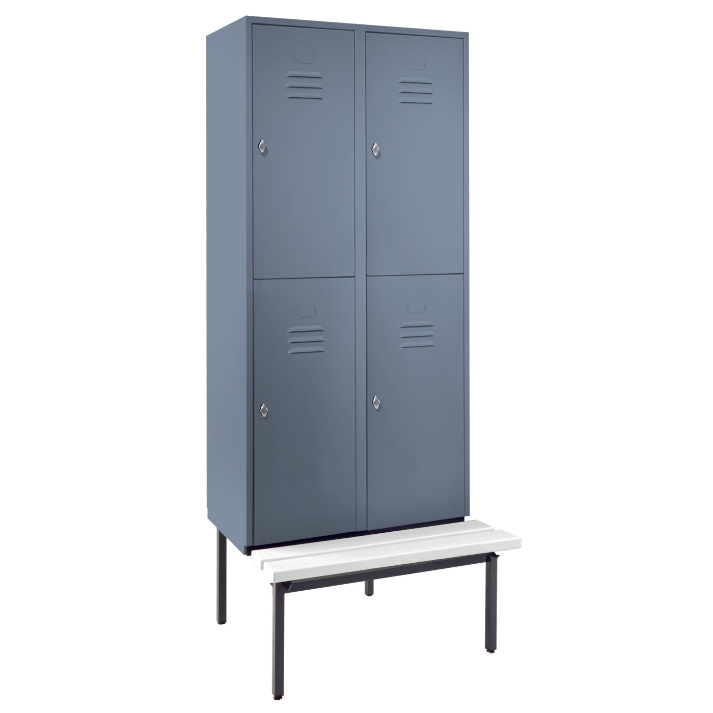 Wolf Spind Serie 74 U doppelstöckig Sitzbankuntergestell Abteilbreite 400 mm 2 Abteile 4 Fächer Blaugrau RAL 7031