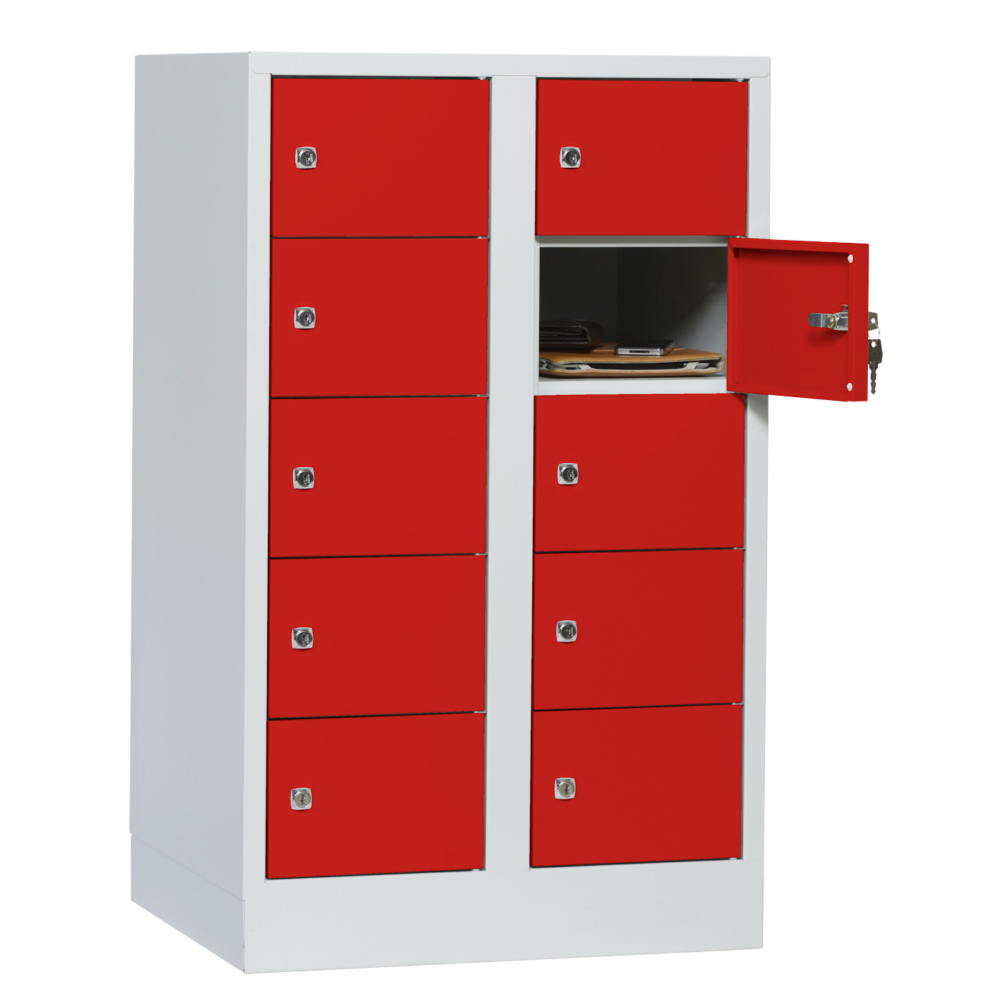 Wolf Kleingefachschrank Serie 41, Sockel, Abteilbreite 300 mm, 2 Abteile à 5 Fächer Feuerrot RAL 3000