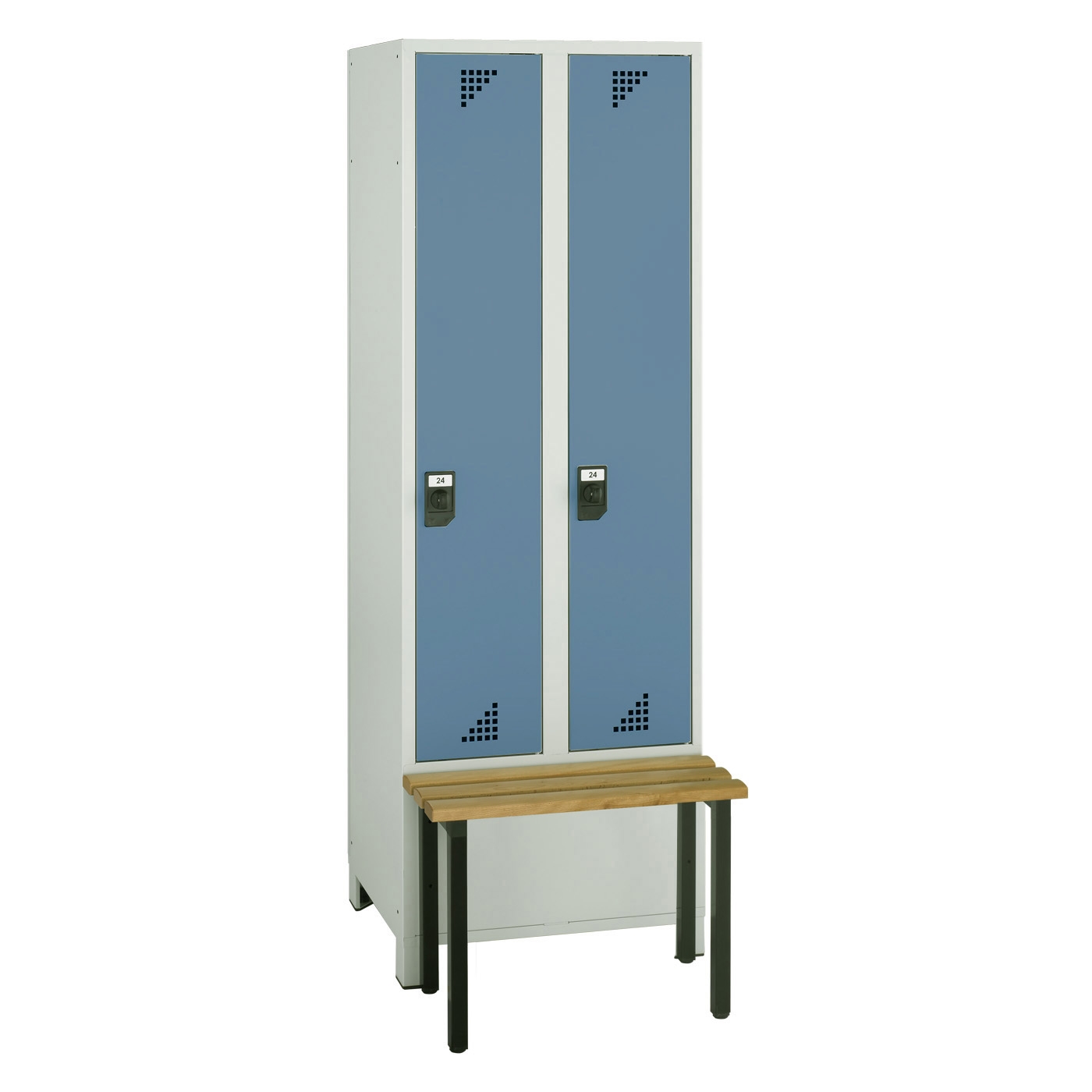 Wolf Spind Serie 82 S mit vorgebauter Sitzbank, Füße, Abteilbreite 300 mm, 2 Abteile Brillantblau RAL 5007