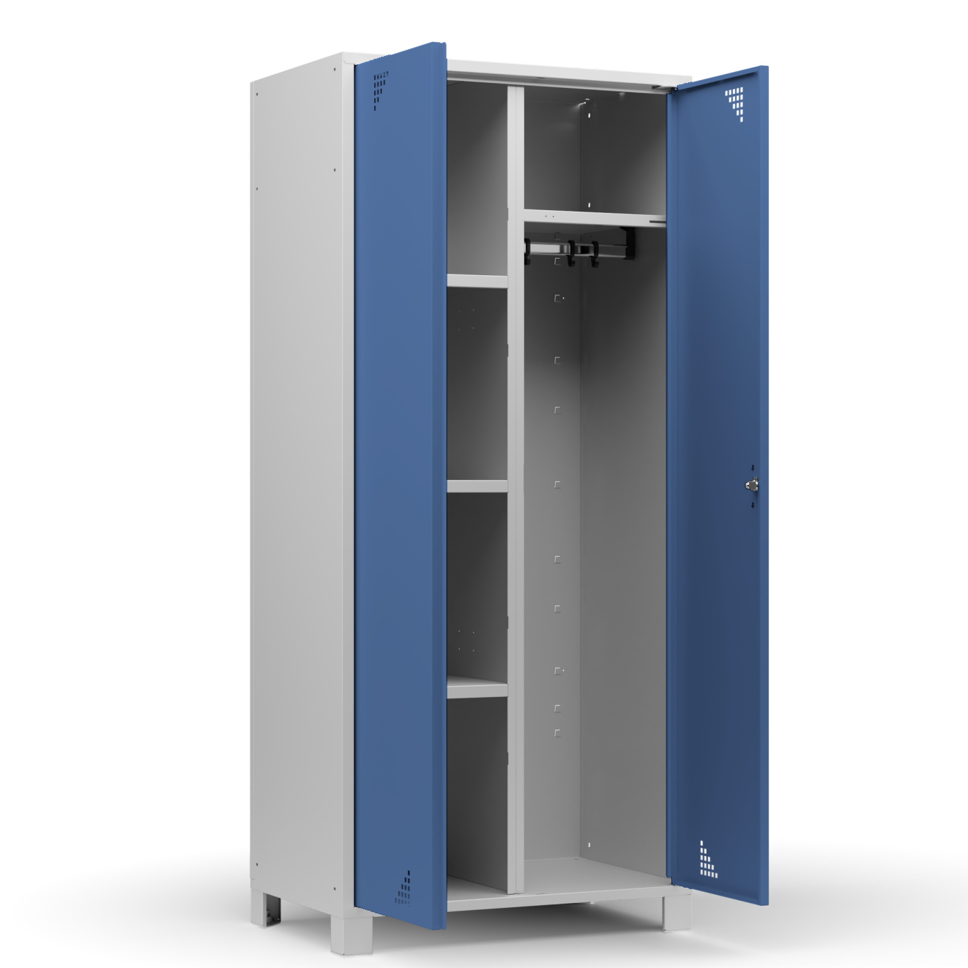 Wolf Mehrzweckspind mit Garderobe Serie 82 W, Flügeltüren Abteilbreite 400 mm 2 Abteile Brillantblau RAL 5007