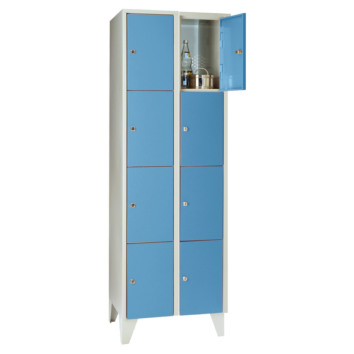 Wolf Fächerschrank Serie 72, Füße, Abteilbreite 300 mm, 2 Abteile à 4 Fächer Lichtblau RAL 5012