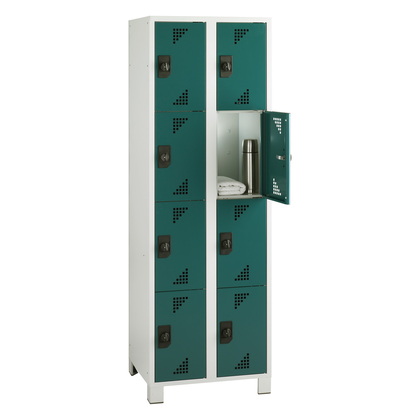 Wolf Fächerschrank Serie 82, Füße, Abteilbreite 300 mm, 2 Abteile à 4 Fächer Opalgrün RAL 6026