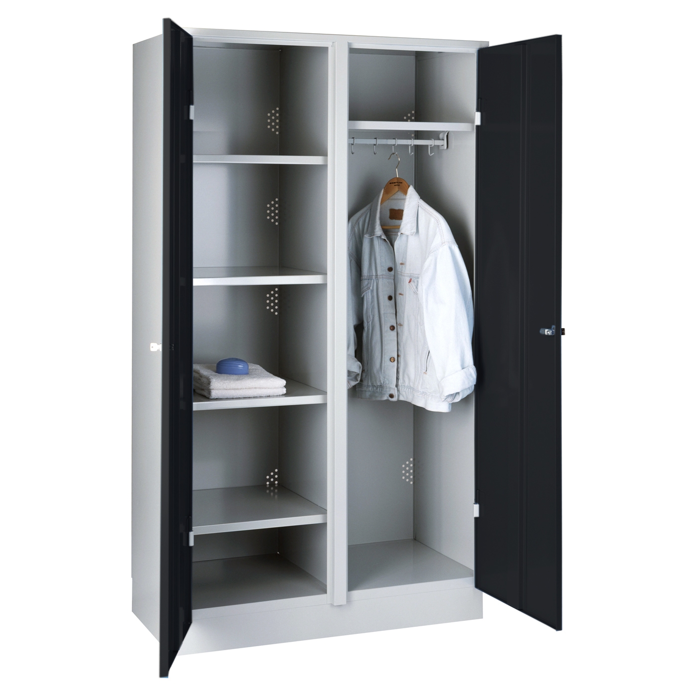 Wolf Garderoben-Wäscheschrank und Spind Serie 75 C, Sockel, Abteilbreite 500 mm, 2 Abteile Tiefschwarz RAL 9005