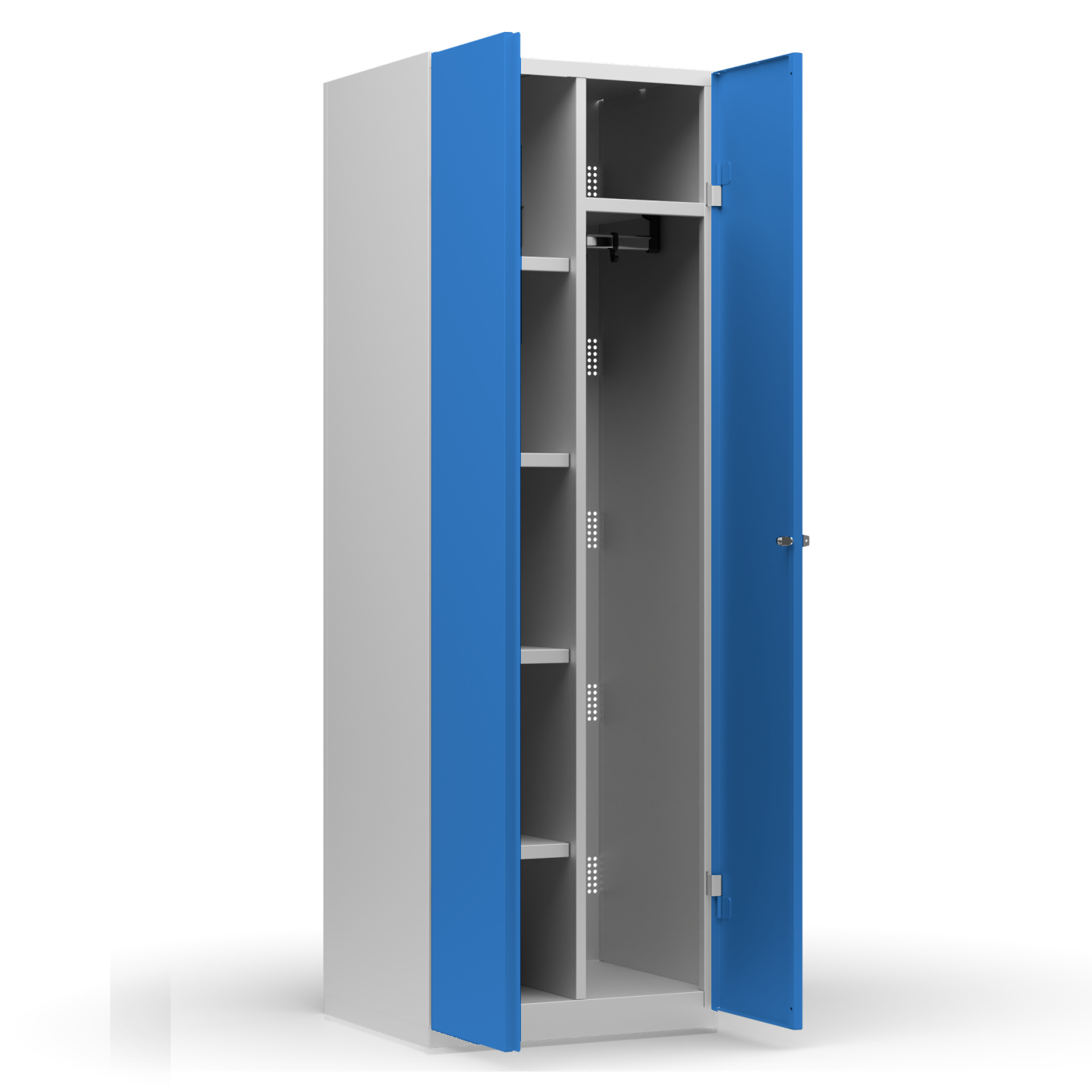 Wolf Mehrzweckspind mit Garderobe Serie 77 Sockel Flügeltüren Abteilbreite 300 mm 2 Abteile Lichtblau RAL 5012