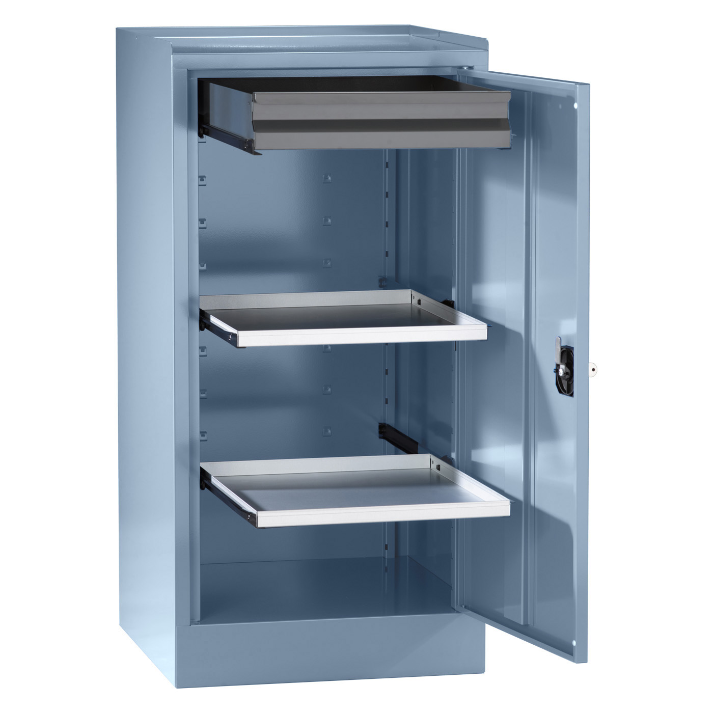 Wolf Werkzeugschrank Serie 50, Sockel, Breite 500 mm, 1 Schublade, 2 Fachböden Brillantblau RAL 5007