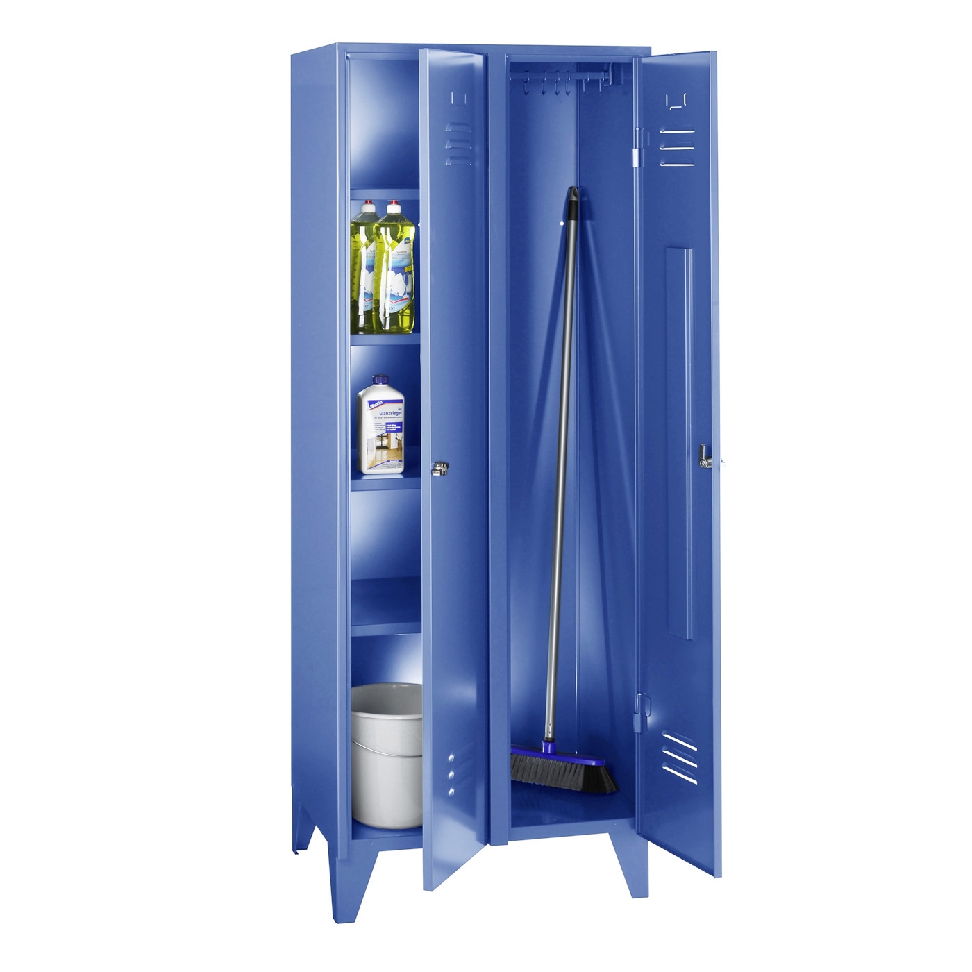 Wolf Mehrzweckschrank Serie 79, Füße, Abteilbreite 700 mm, 1 Abteil, 4 Fächer, 5 Klemmhalter Lichtblau RAL 5012