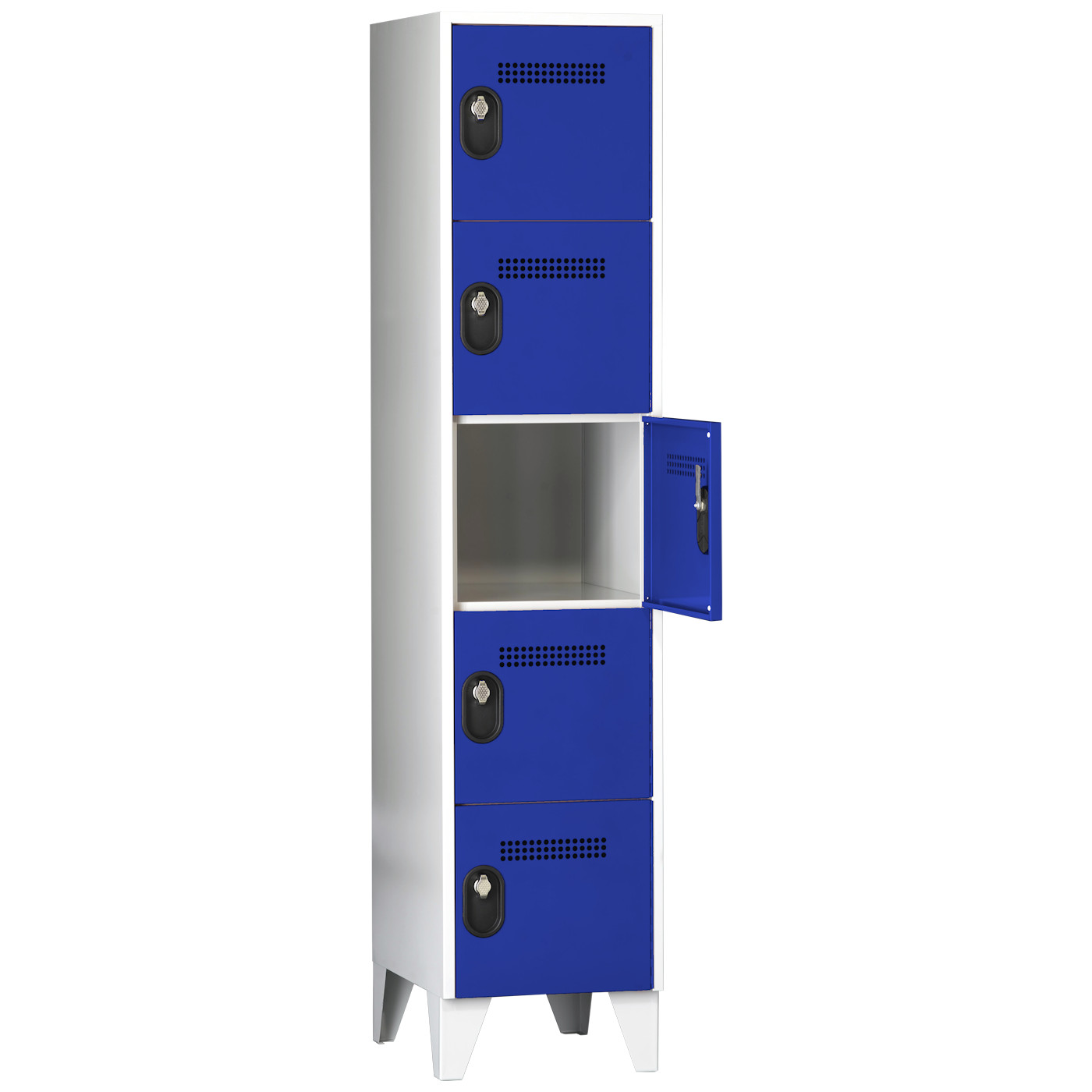 Wolf Fächerschrank Serie 90, Füße, Abteilbreite 400 mm, 1 Abteil à 5 Fächer Enzianblau RAL 5010