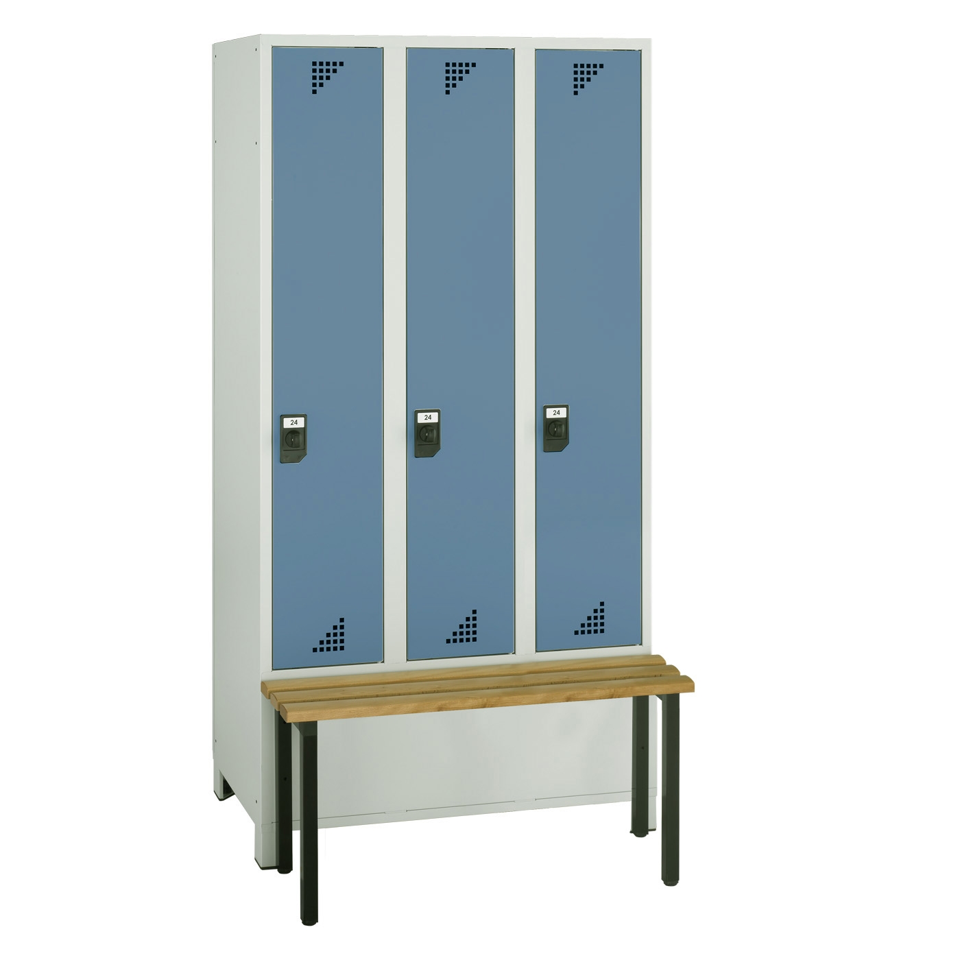 Wolf Spind Serie 82 S mit vorgebauter Sitzbank, Füße, Abteilbreite 300 mm, 3 Abteile Brillantblau RAL 5007