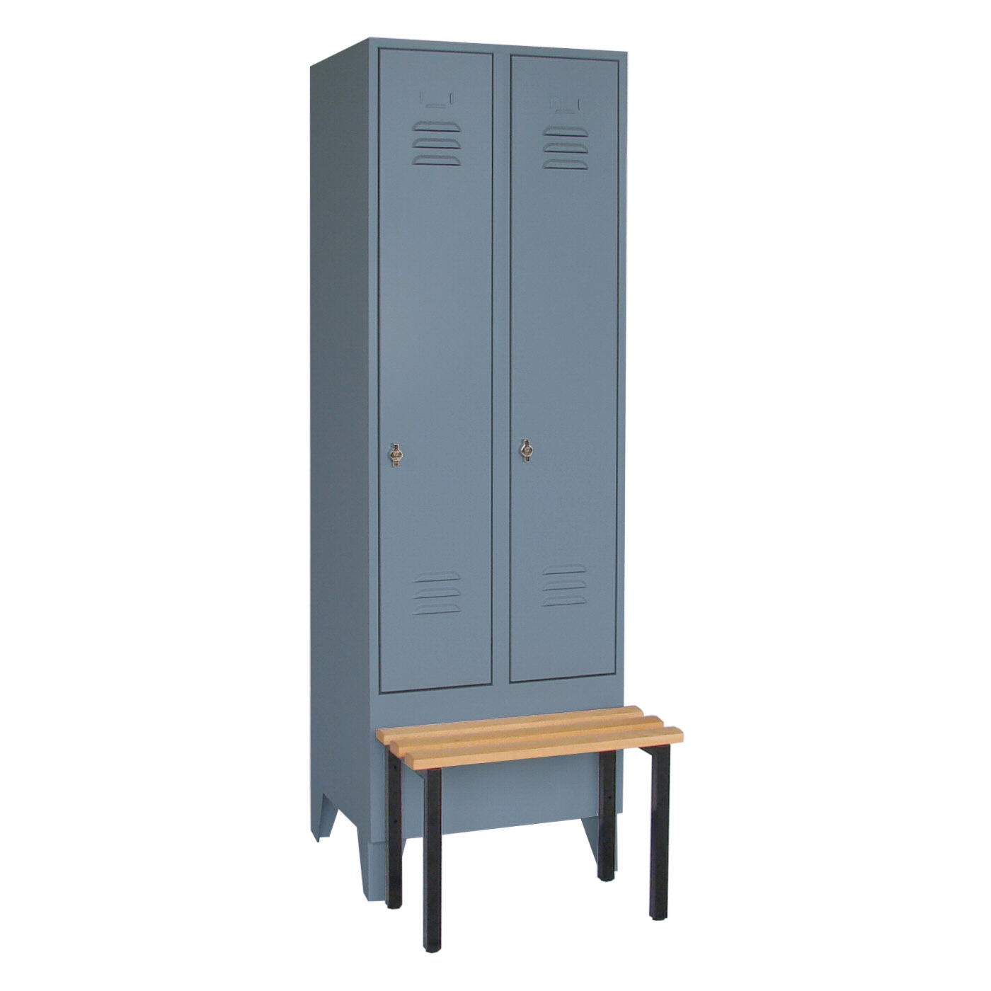 Wolf Spind Serie 75 S mit Sitzbank, Abteilbreite 300 mm, 2 Abteile Blaugrau RAL 7031