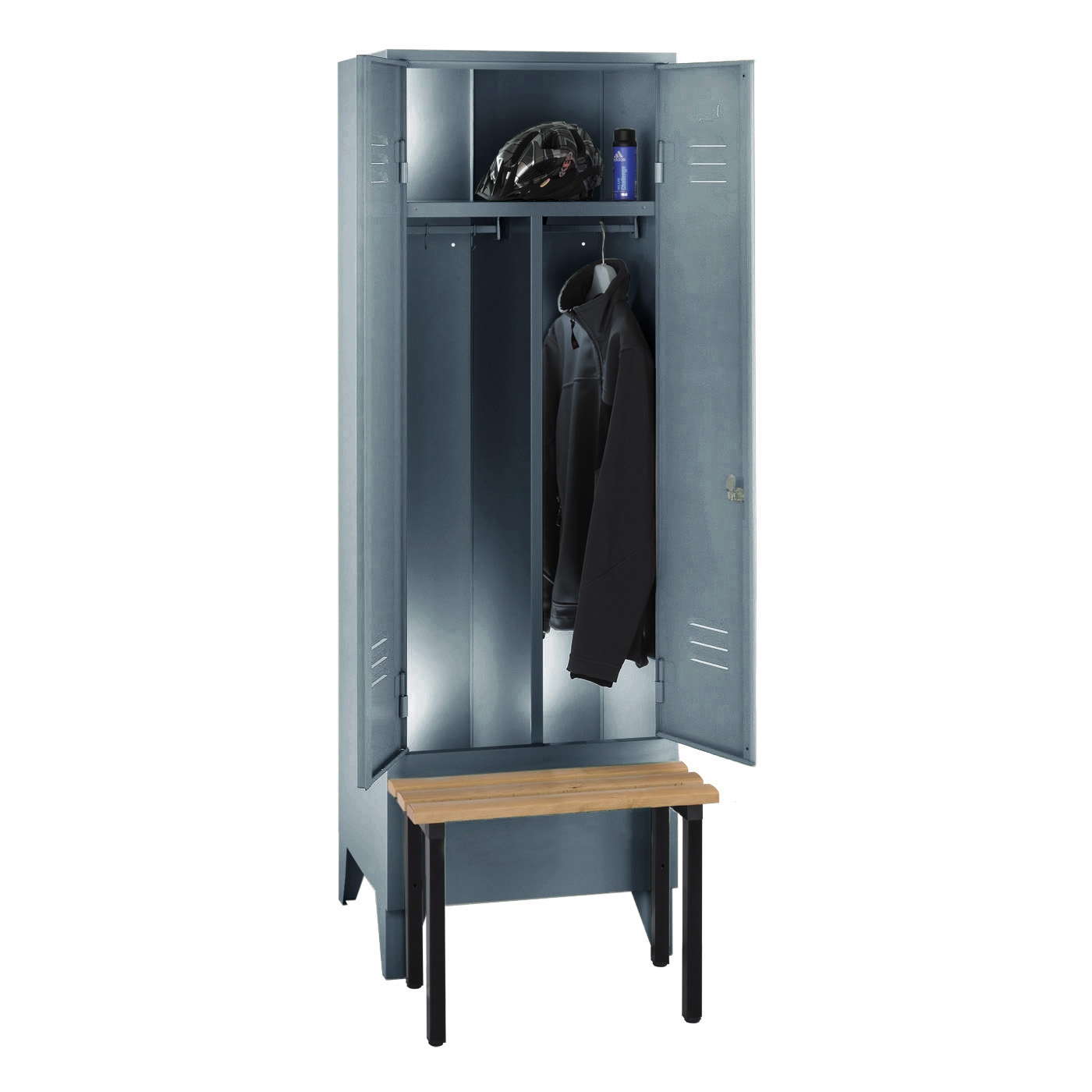 Wolf Spind Serie 75 S ASR mit Sitzbank, Füße, Abteilbreite 600 mm, 1 Abteil, Schwarz-Weiß-Trennung Blaugrau RAL 7031