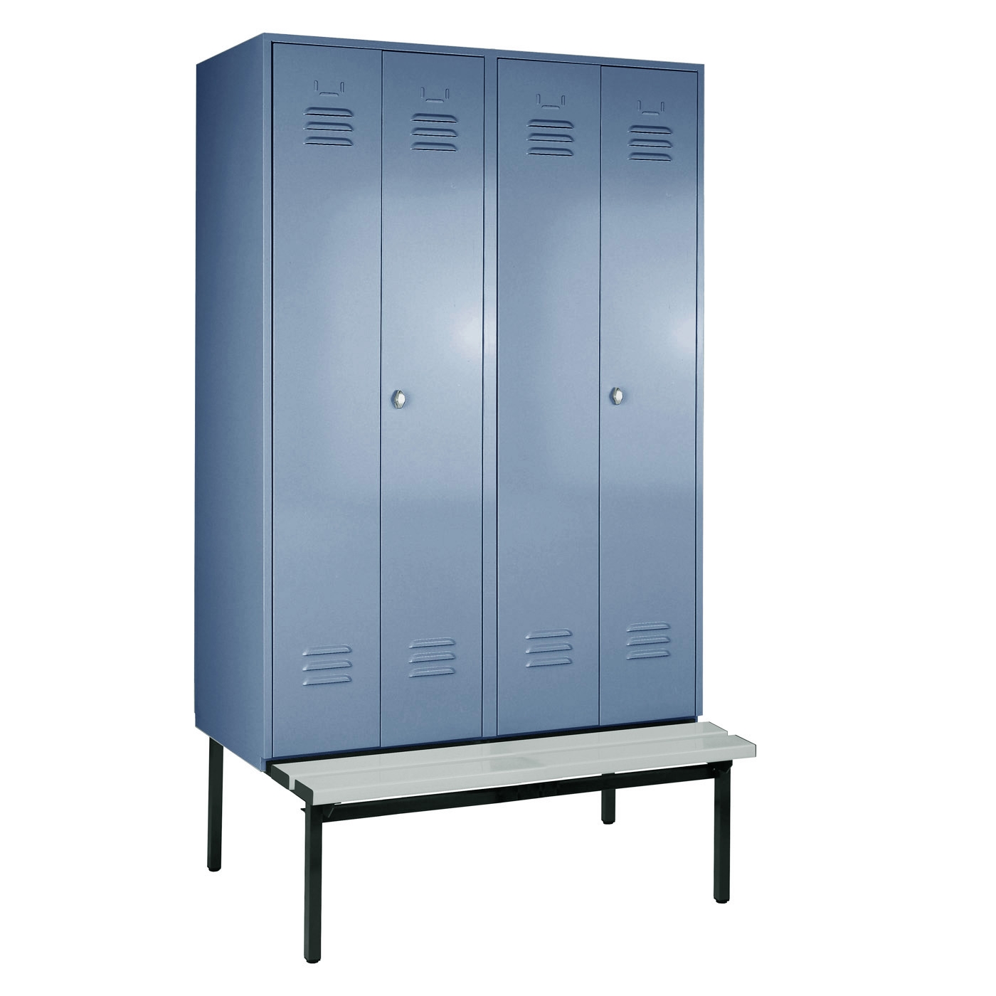 Wolf Spind Serie 75 U ASR, Sitzbankuntergestell, Abteilbreite 600 mm, 2 Abteile Schwarz-Weiß-Trennung Blaugrau RAL 7031