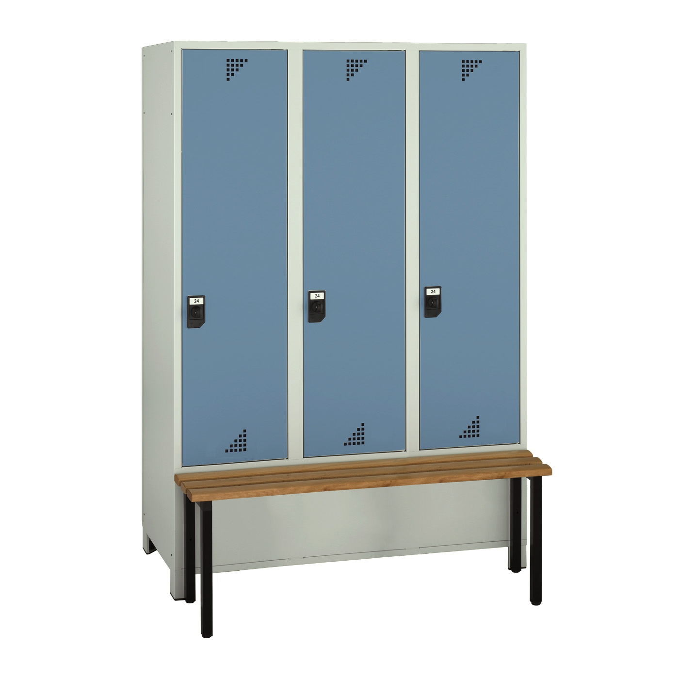 Wolf Spind Serie 82 S mit vorgebauter Sitzbank, Füße, Abteilbreite 400 mm, 3 Abteile Brillantblau RAL 5007